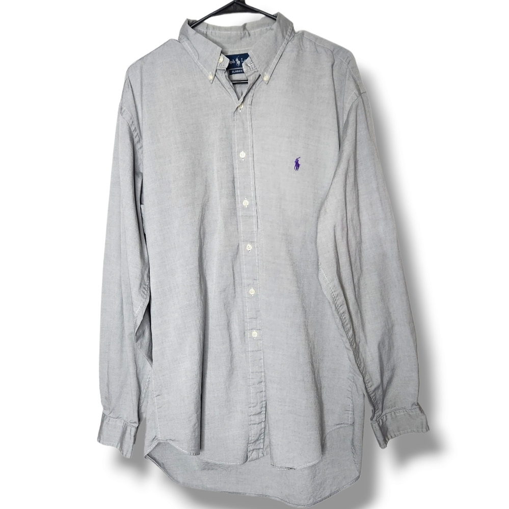 Ralph Lauren Classic Fit Button Shirt Gray Purple Polo Logo 17 36/37 / XL Men's